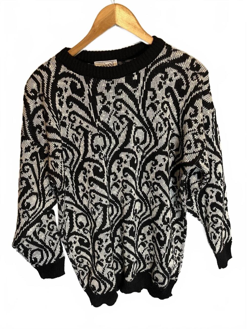 Vintage Domani Black White Sweater Beautiful Paisley Swirls Unisex Size M USA